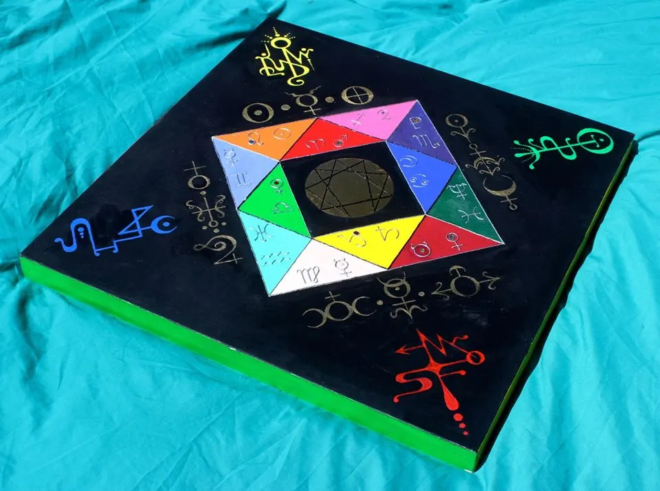 The sigil board on a turquoise cloth